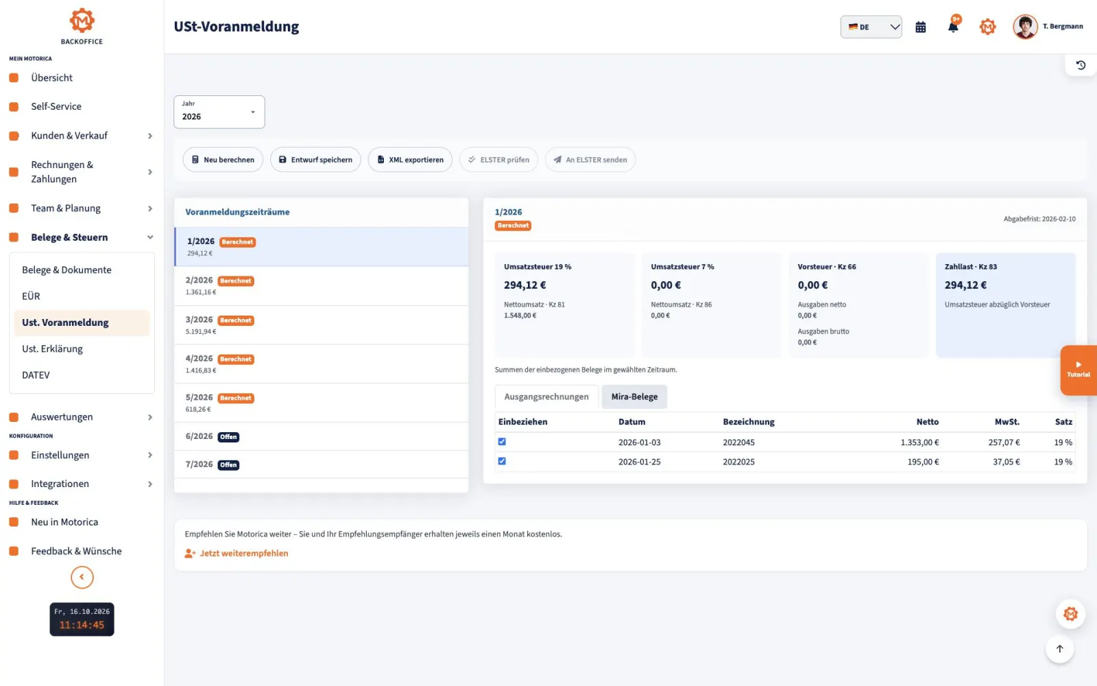 Motorica Backoffice mit vollständig sichtbarer Seite zur Umsatzsteuervoranmeldung, Zeiträumen, Kennzahlen und ELSTER-Aktionen