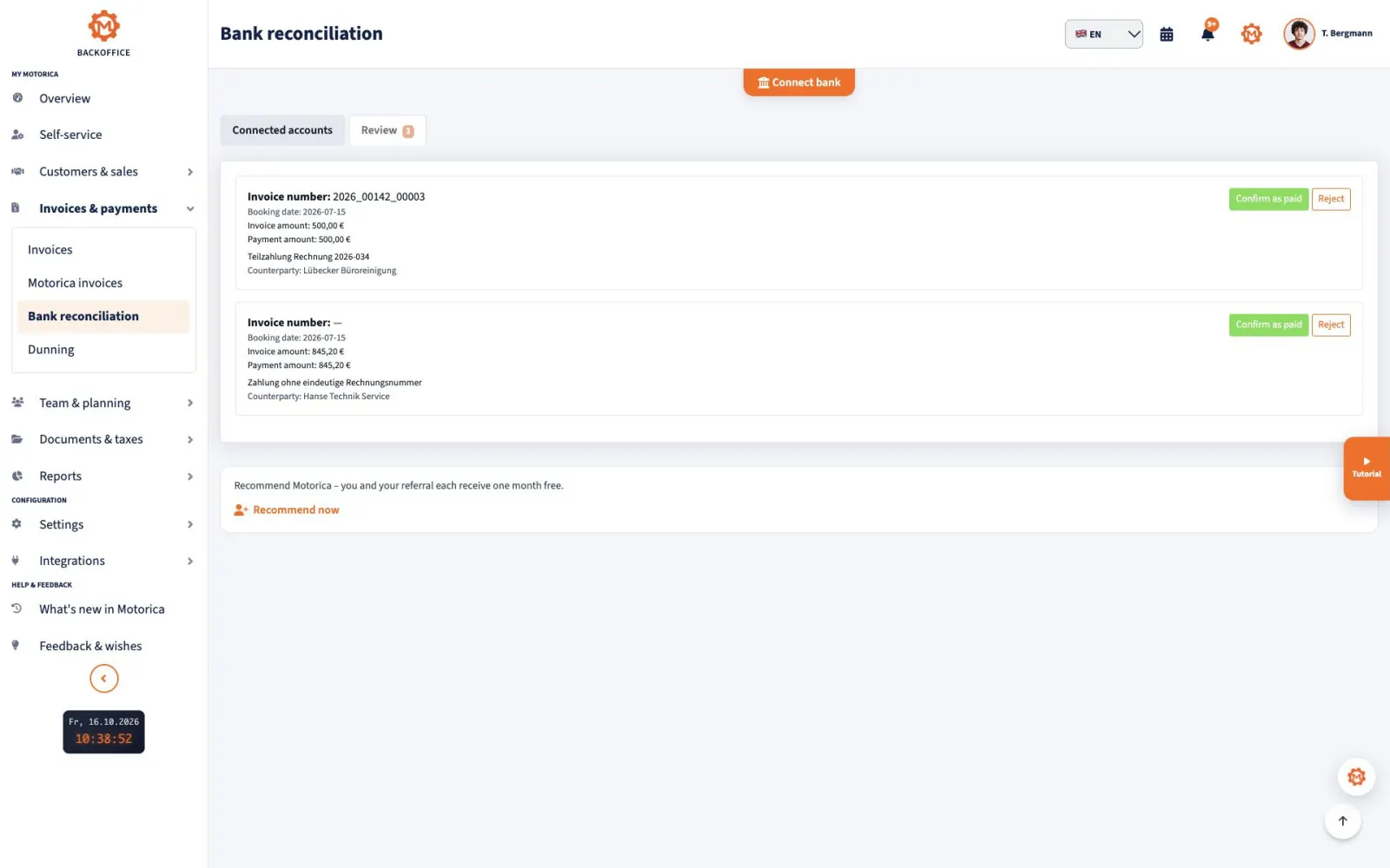 Motorica Backoffice bank transaction reconciliation review list with the full page title visible