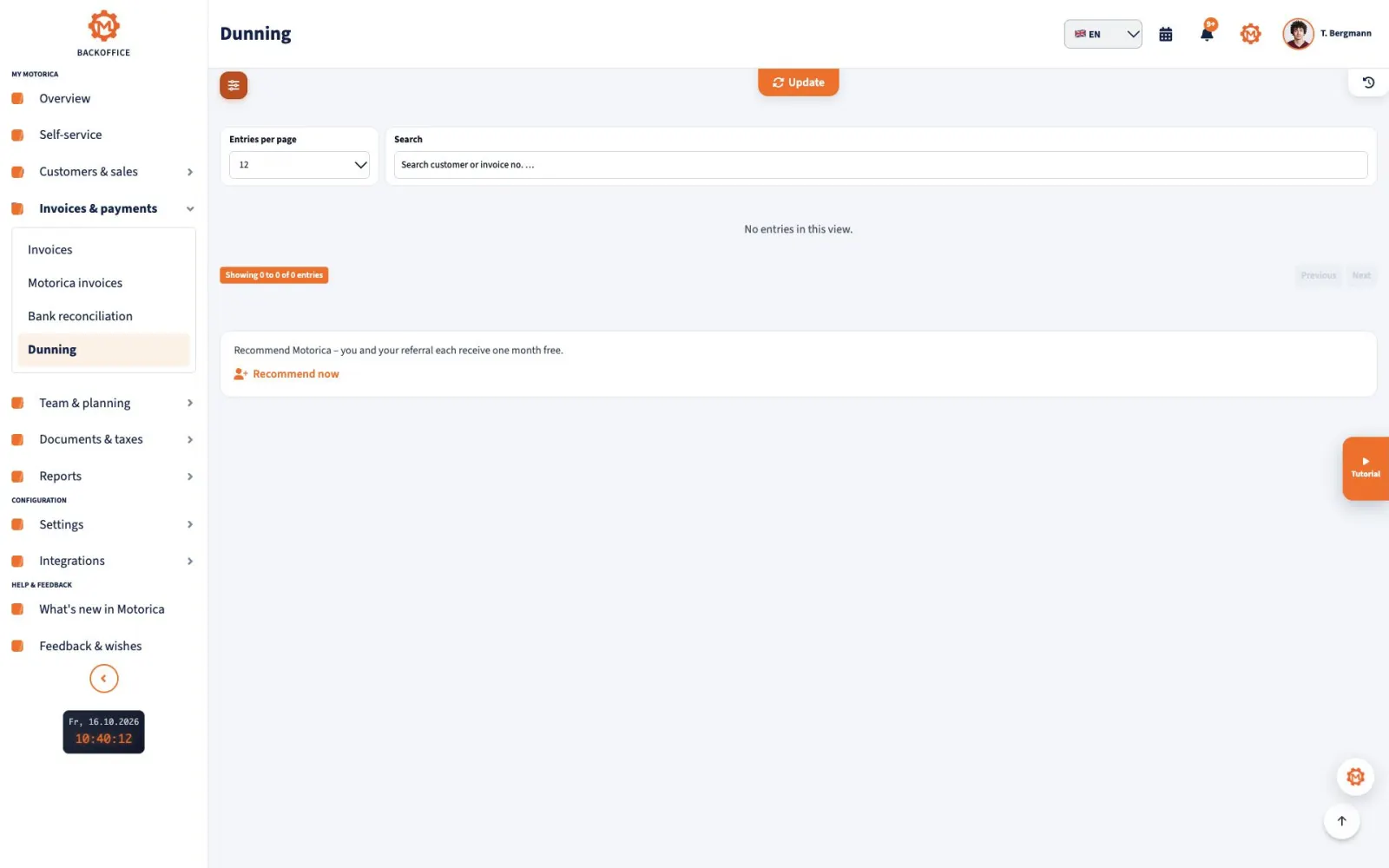 Motorica Backoffice Dunning page for a formal payment demand and payment reminder