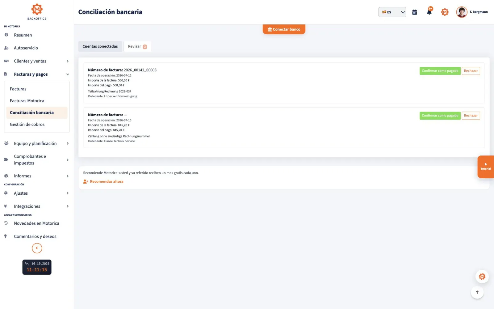 Lista de revisión de conciliación bancaria en Motorica Backoffice con el título completo visible