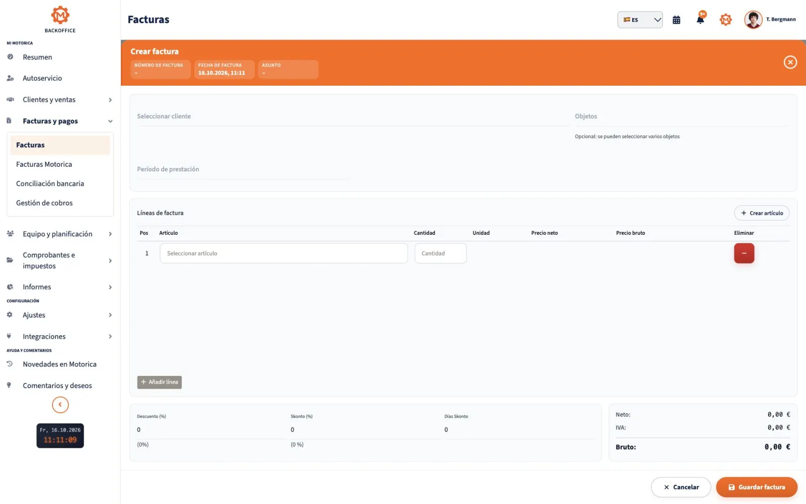 Formulario de factura de Motorica.io Backoffice en español