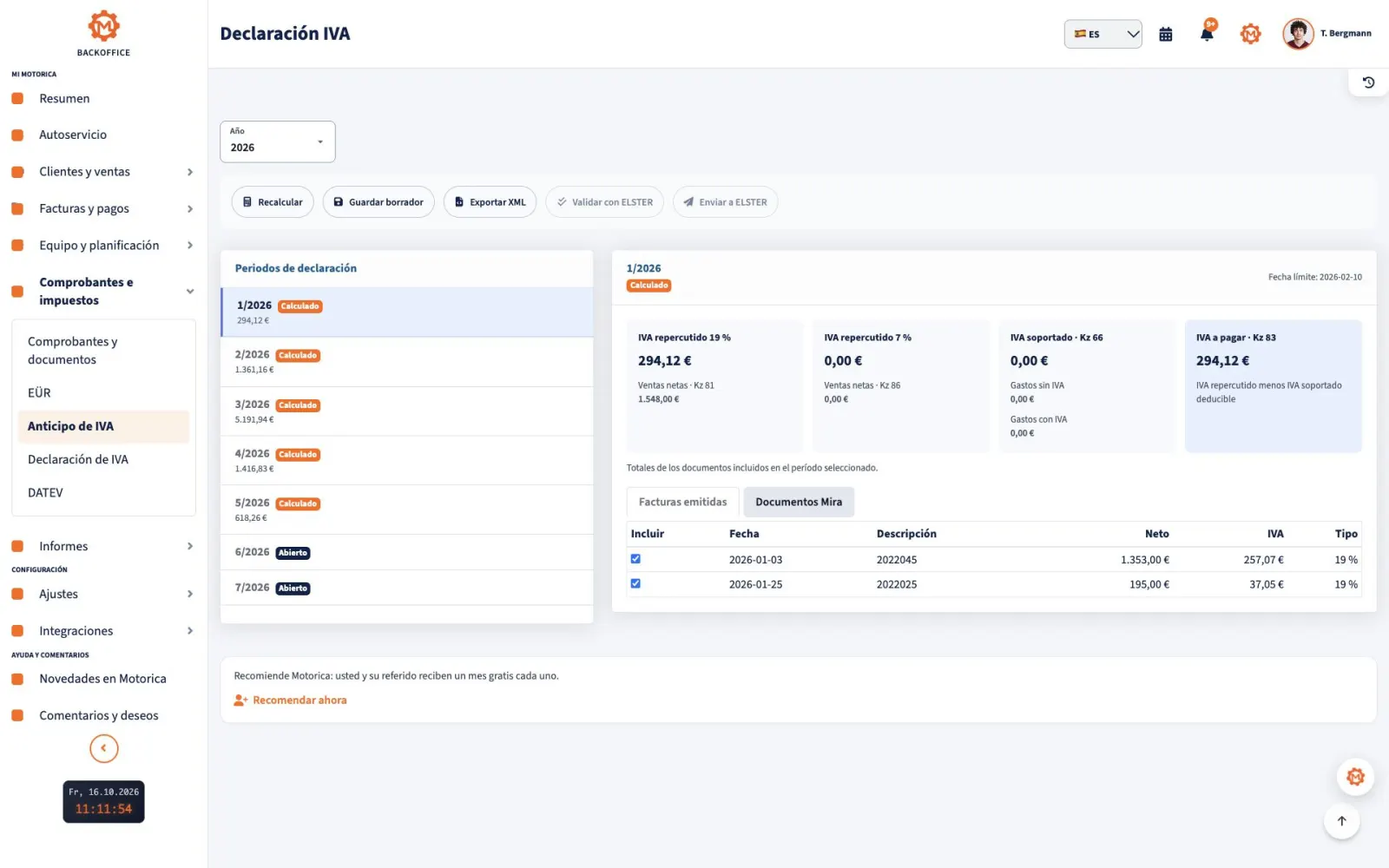 Backoffice de Motorica con el título completo de la página UStVA, períodos, importes y acciones de ELSTER