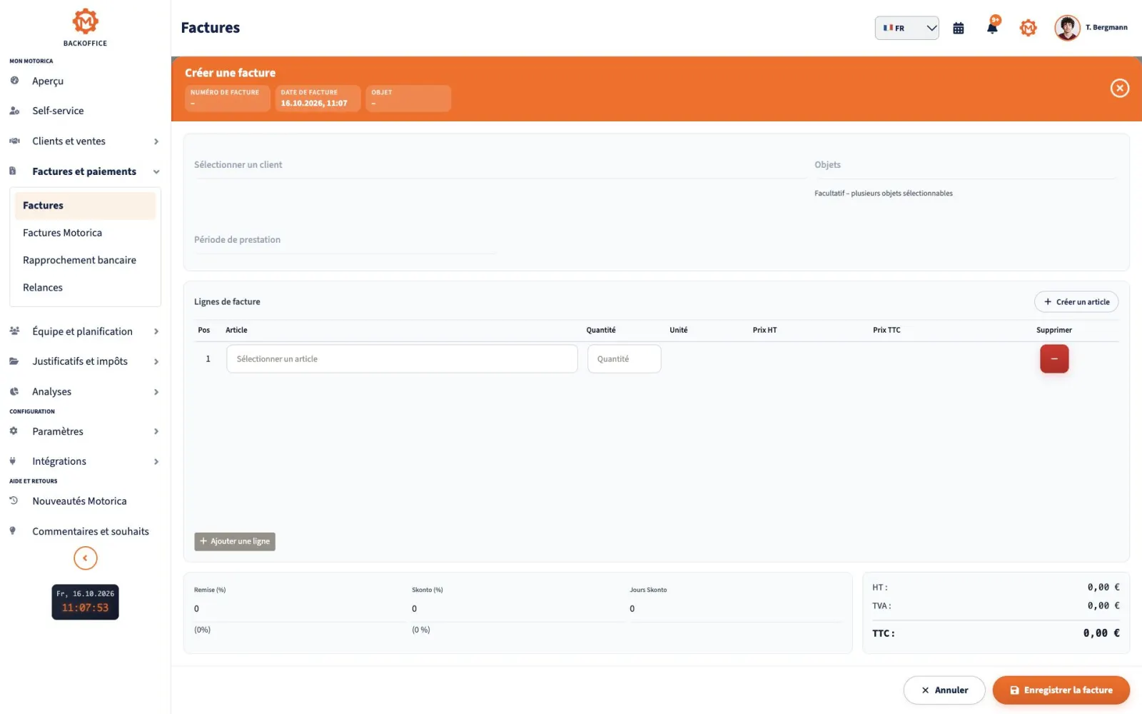 Formulaire de facture de Motorica.io Backoffice en français