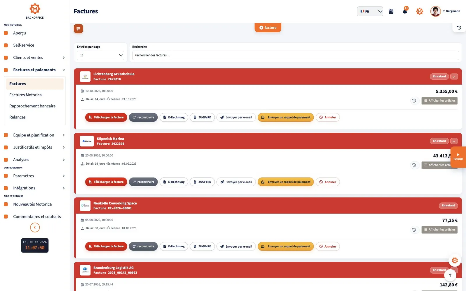 Vue complète de la liste des factures dans Motorica Backoffice