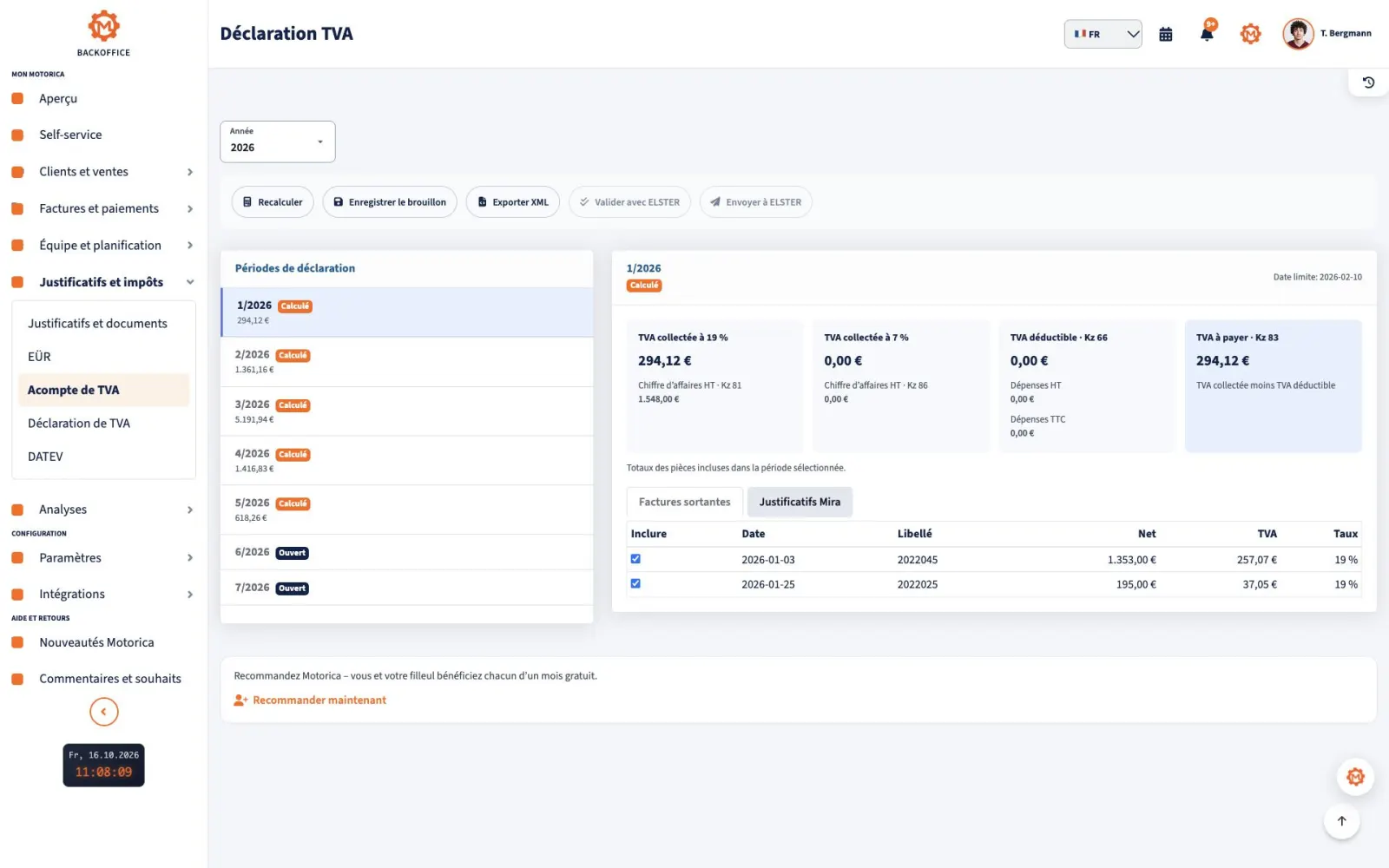 Backoffice Motorica avec titre complet de la page UStVA, périodes, montants et actions ELSTER