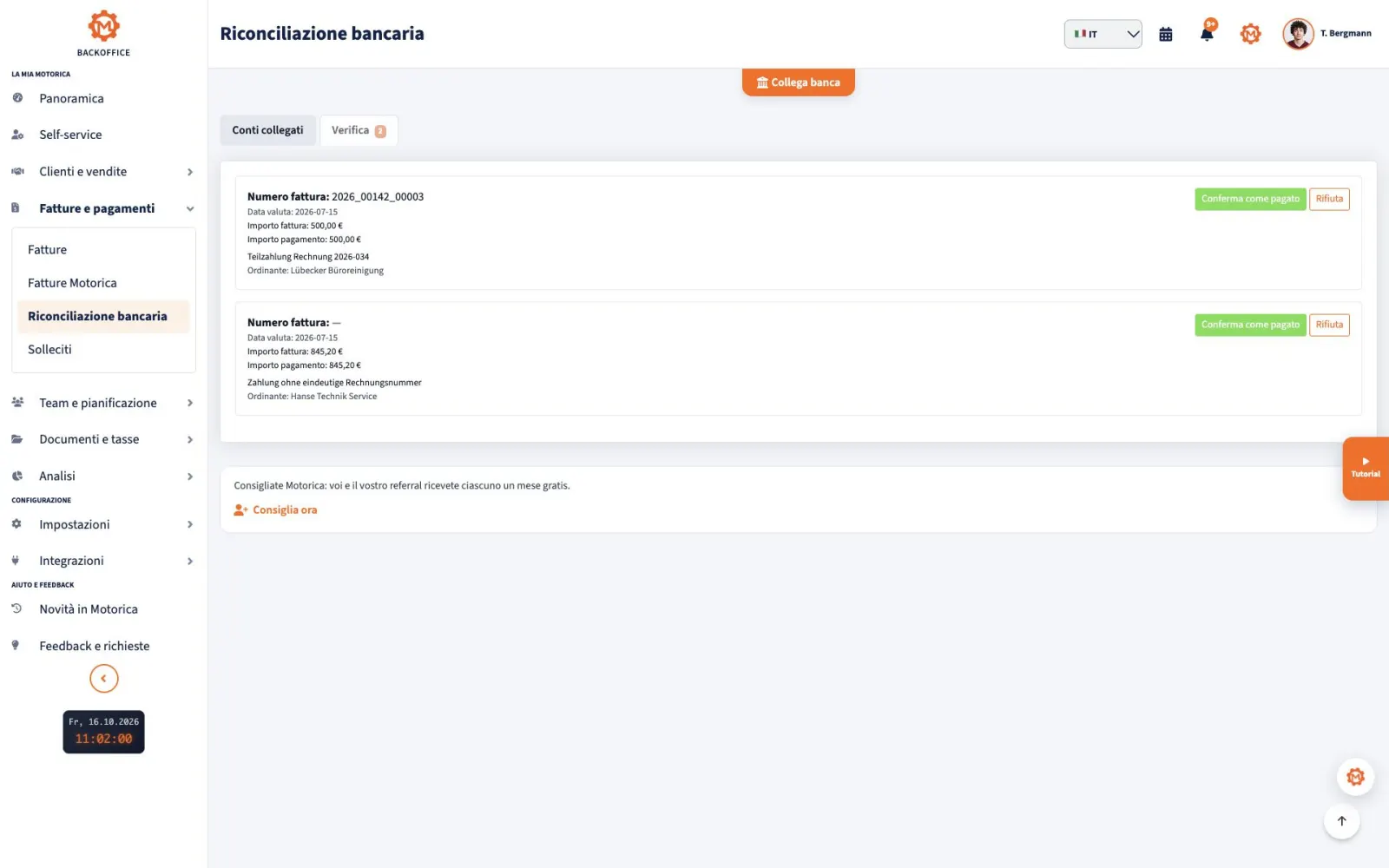 Elenco di verifica della riconciliazione bancaria in Motorica Backoffice con titolo completo visibile