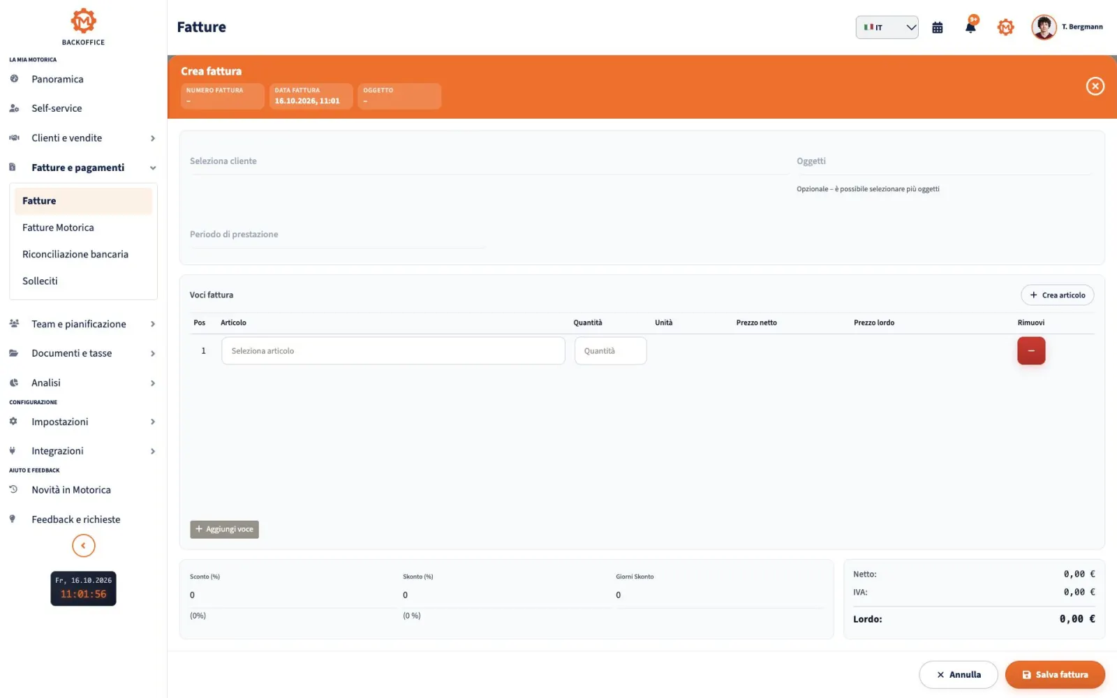 Modulo fattura di Motorica.io Backoffice in italiano
