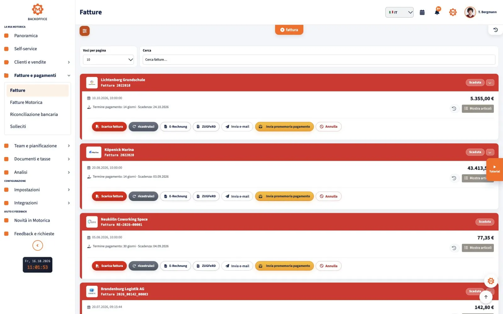 Panoramica delle fatture in Motorica Backoffice con il titolo completo visibile