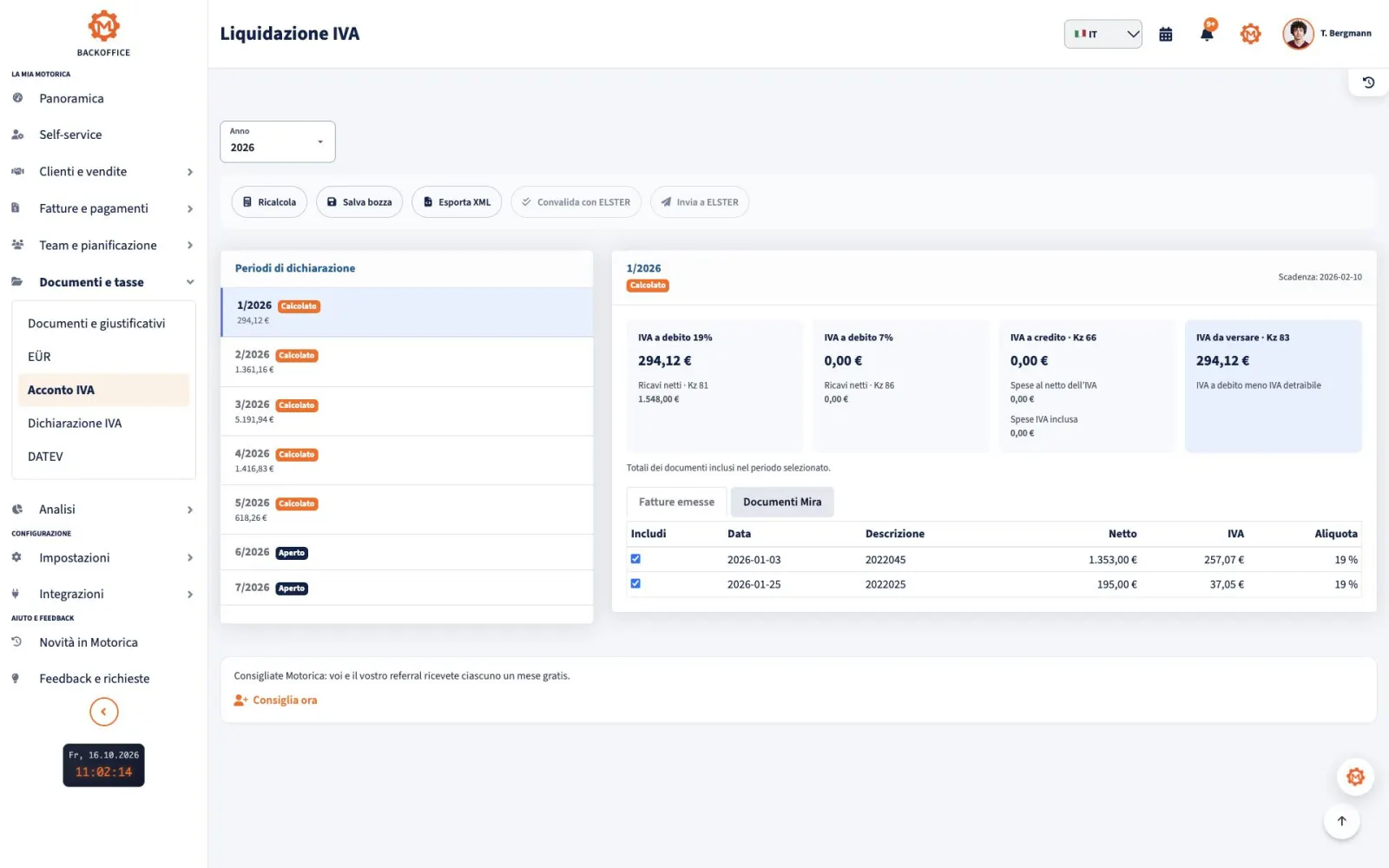 Motorica Backoffice con titolo completo della pagina UStVA, periodi, importi e azioni ELSTER