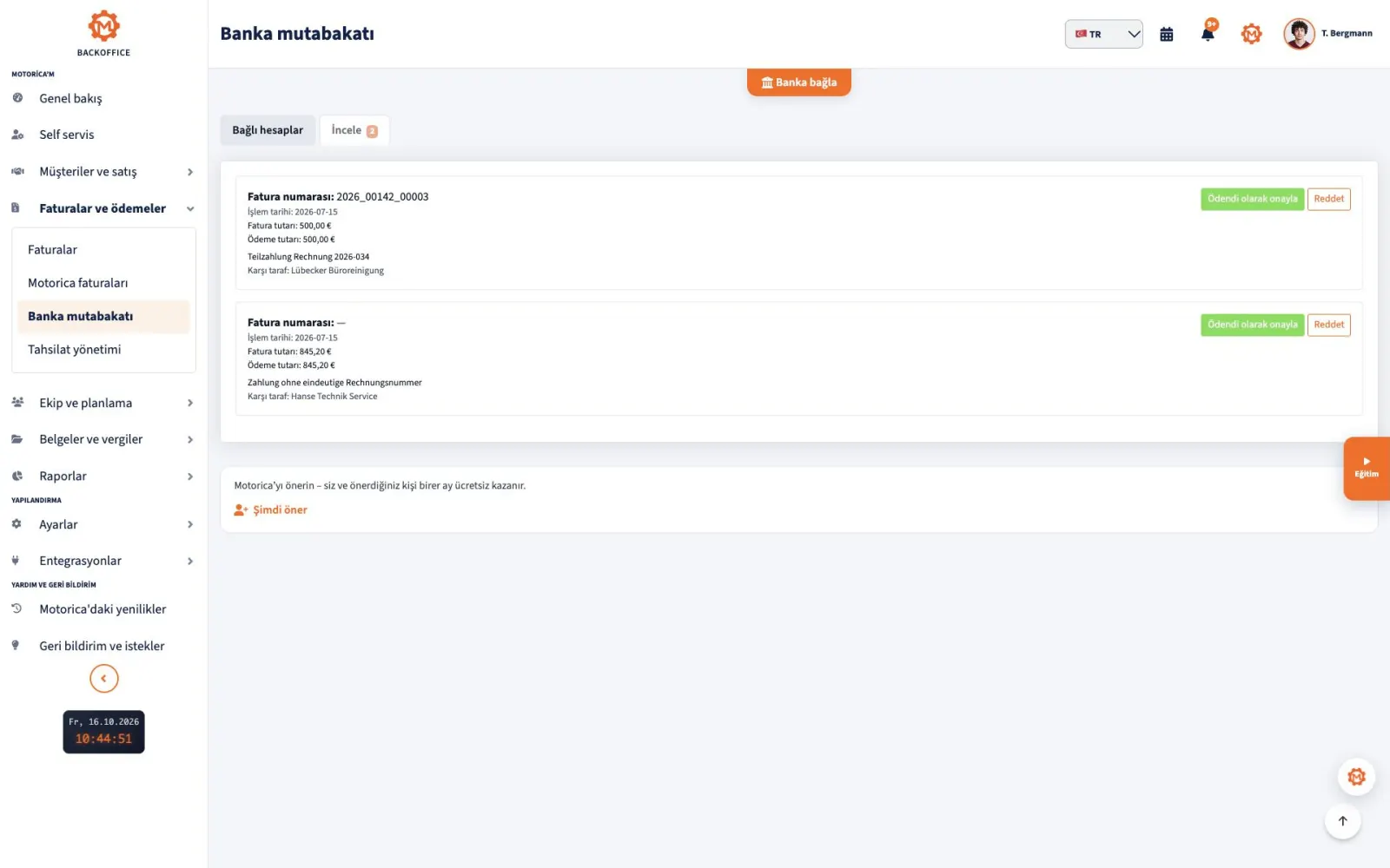 Motorica Backoffice banka mutabakatı inceleme listesi ve tamamen görünen sayfa başlığı