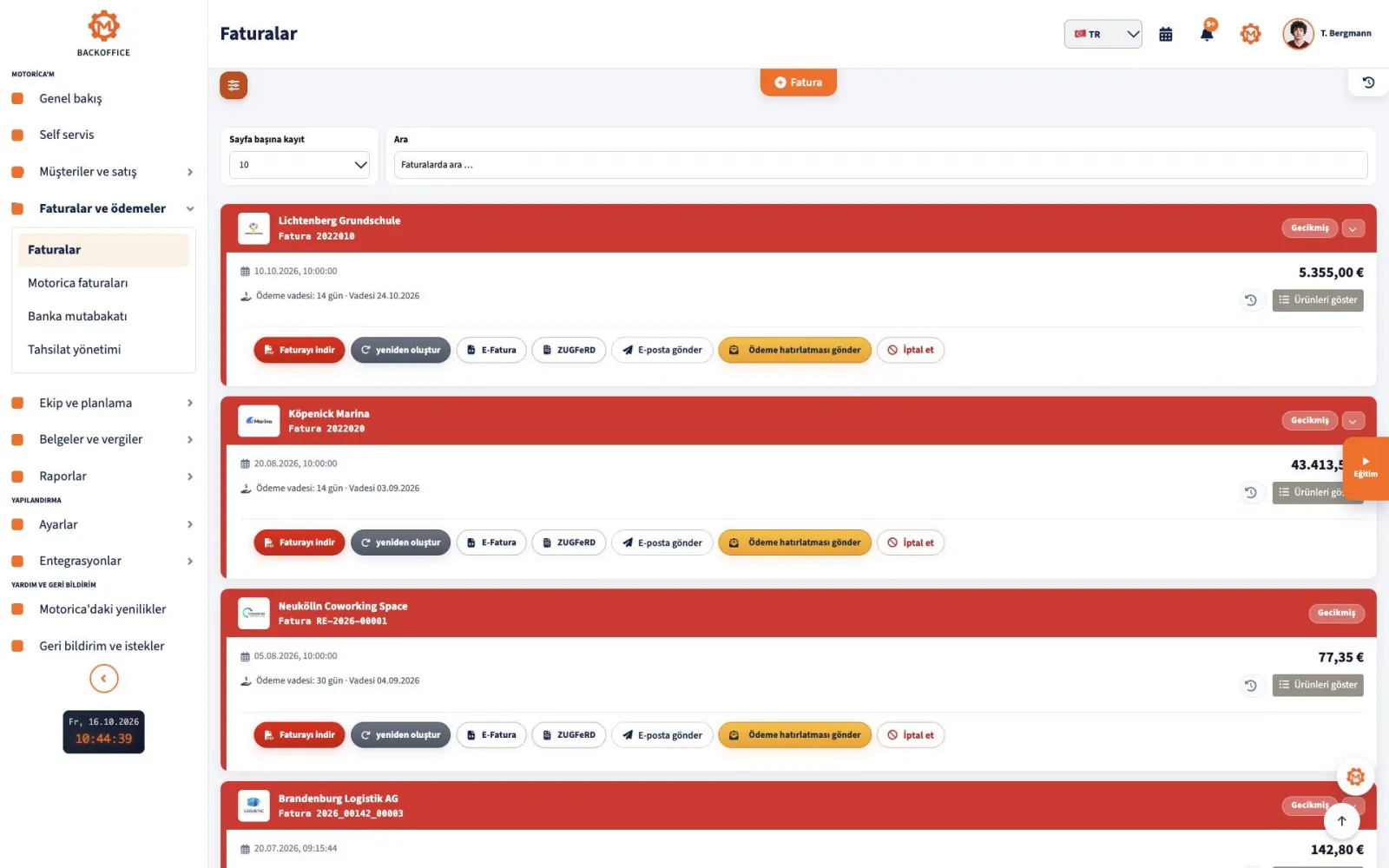 Motorica Backoffice’te tamamen görünen fatura listesi