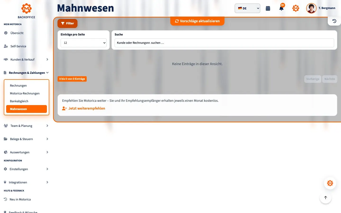 Motorica-Backoffice auf der Seite Mahnwesen mit Zahlungserinnerung und Mahnung