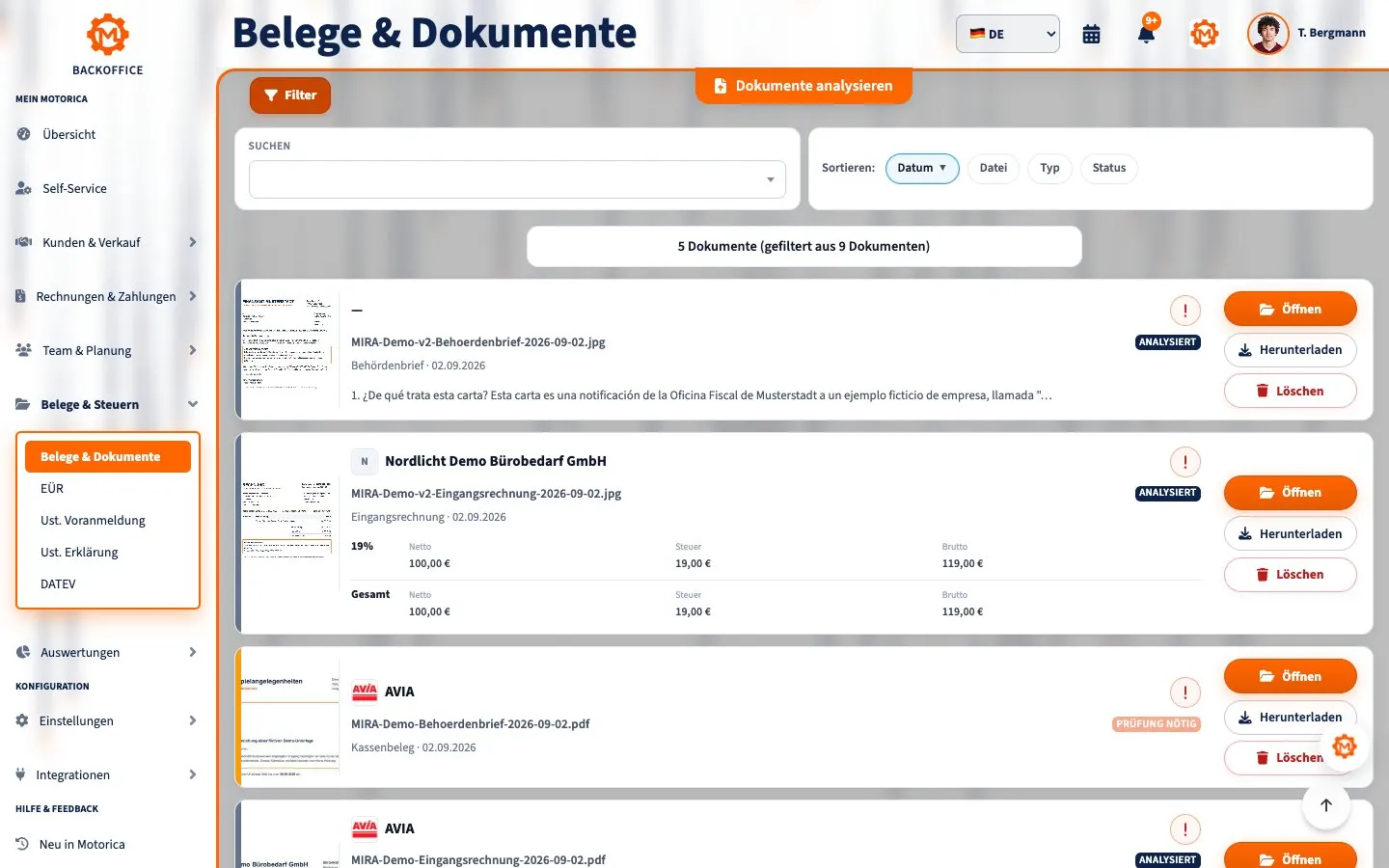 Motorica-Backoffice: Belege und Dokumente mit Eingangsrechnung und geordneter Dokumentenansicht