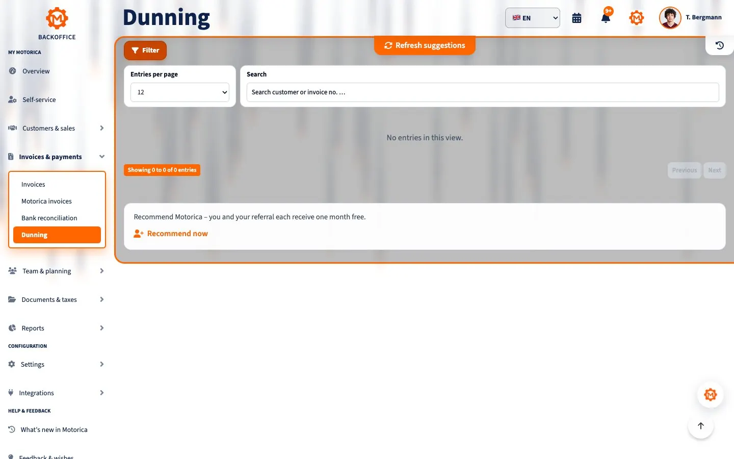 Motorica Backoffice Dunning page for a formal payment demand and payment reminder