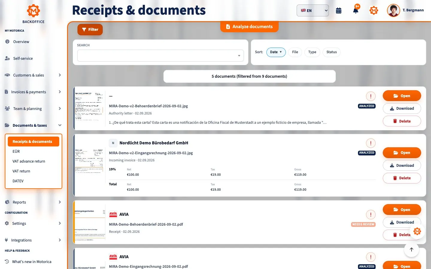 Motorica Backoffice showing the documents and receipts page with an incoming invoice