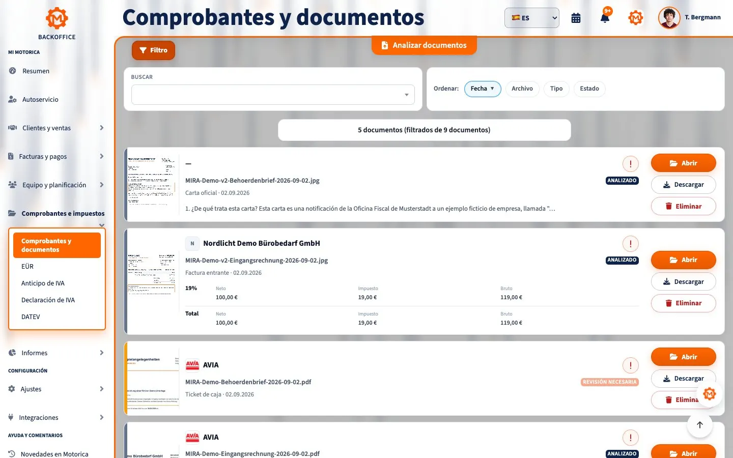 Motorica Backoffice: página de documentos y recibos con una factura recibida