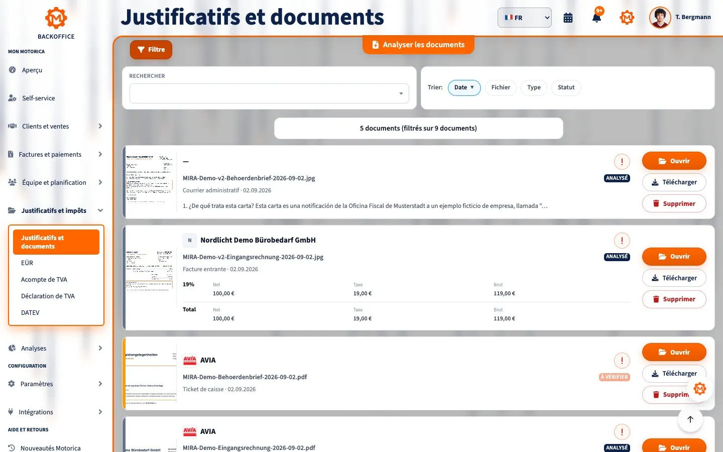 Motorica Backoffice : page des justificatifs et documents avec une facture reçue