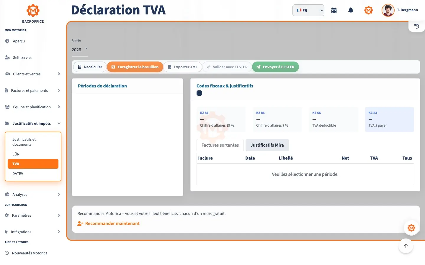Backoffice Motorica avec titre complet de la page UStVA, périodes, montants et actions ELSTER