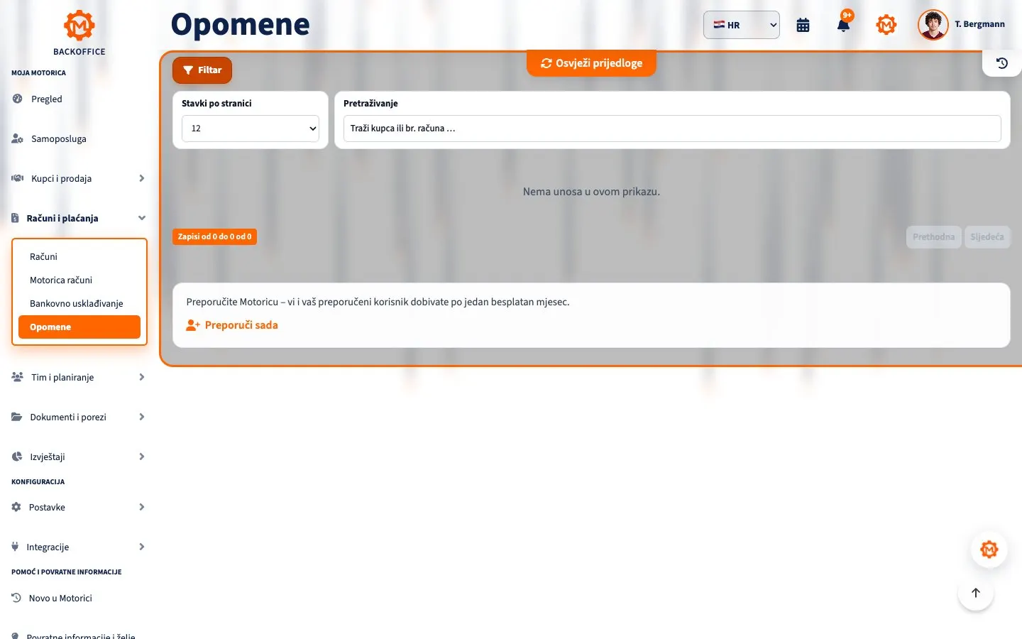 Motorica Backoffice – Opomene: službena opomena za plaćanje (Mahnung) i podsjetnik na plaćanje