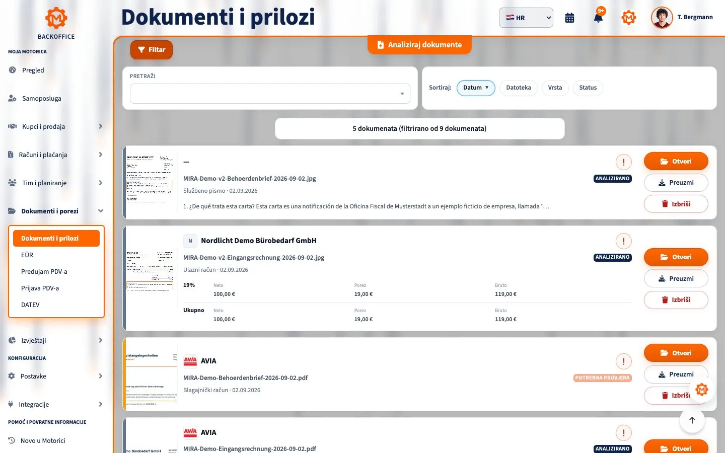 Motorica Backoffice: stranica dokumenata i potvrda s ulaznim računom