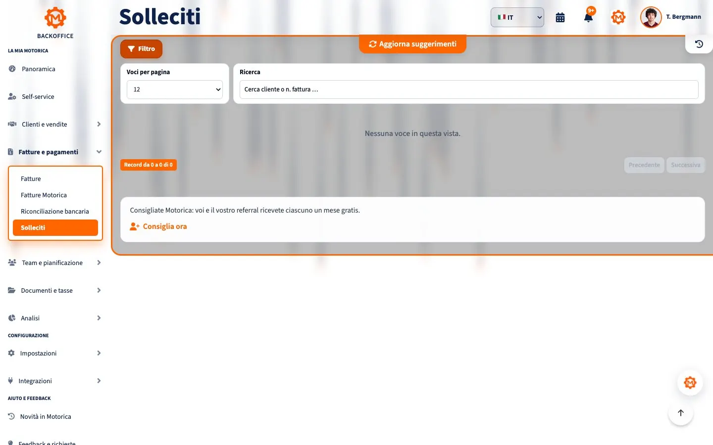 Motorica Backoffice – Solleciti: sollecito formale di pagamento (Mahnung) e promemoria di pagamento