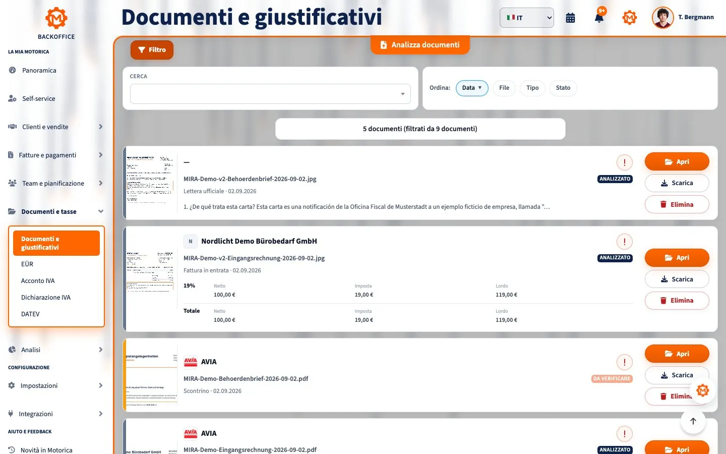 Motorica Backoffice: pagina documenti e ricevute con una fattura ricevuta