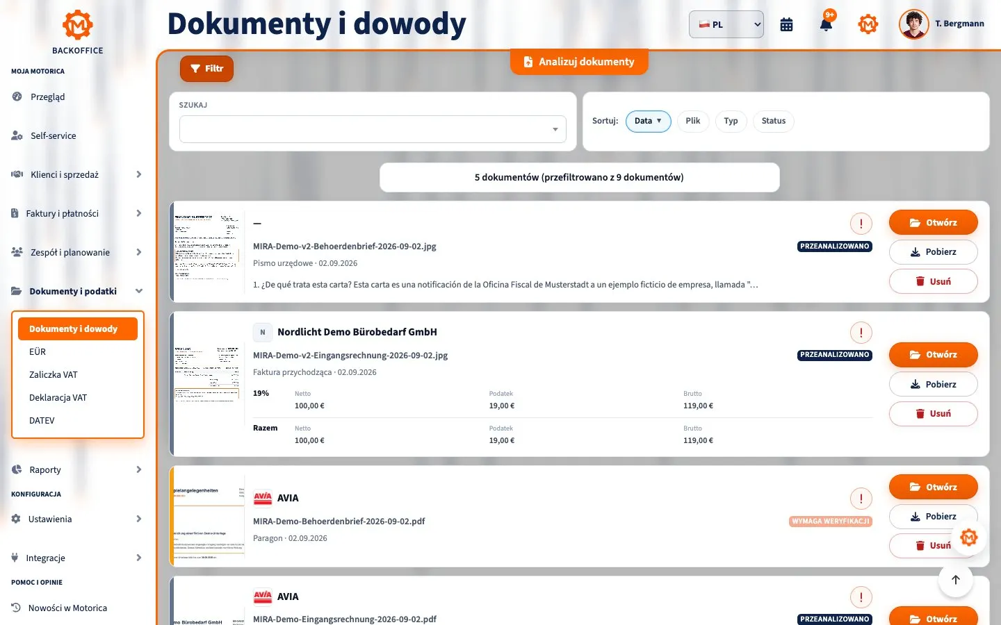 Motorica Backoffice: strona dokumentów i paragonów z fakturą zakupową