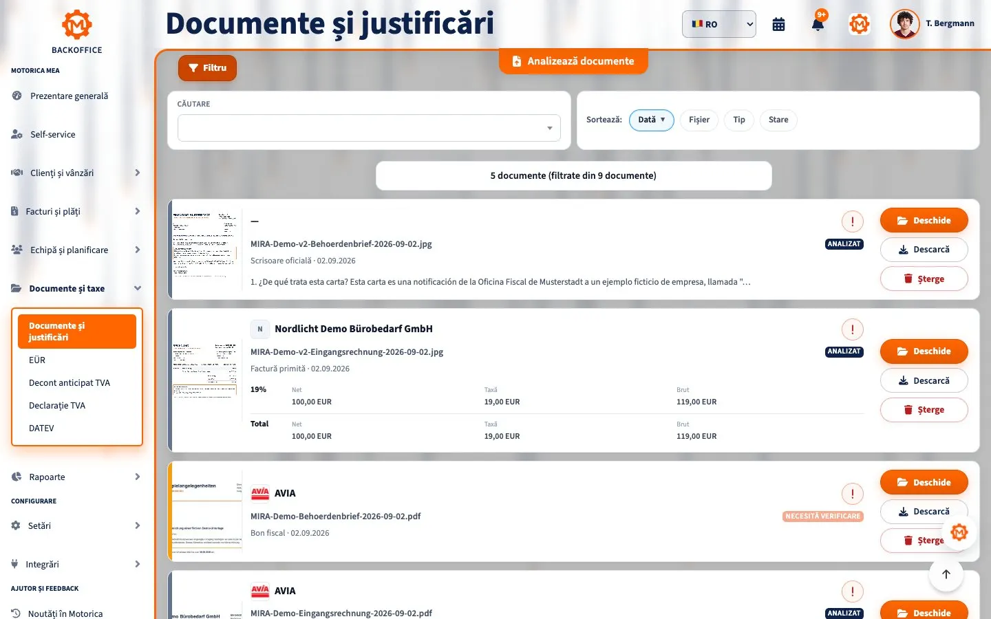 Motorica Backoffice: pagina documentelor și chitanțelor cu o factură primită
