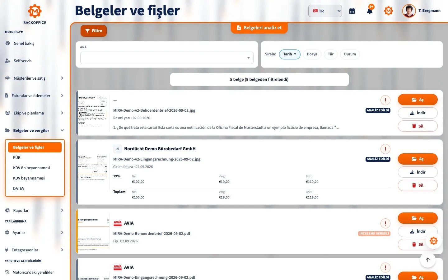 Motorica Backoffice'te gelen fatura ile muhasebe belgeleri ve dokümanlar sayfası