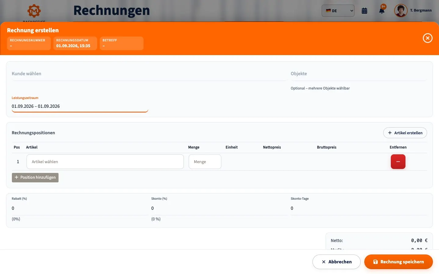 Motorica.io Backoffice: Formular für eine Rechnung auf Deutsch