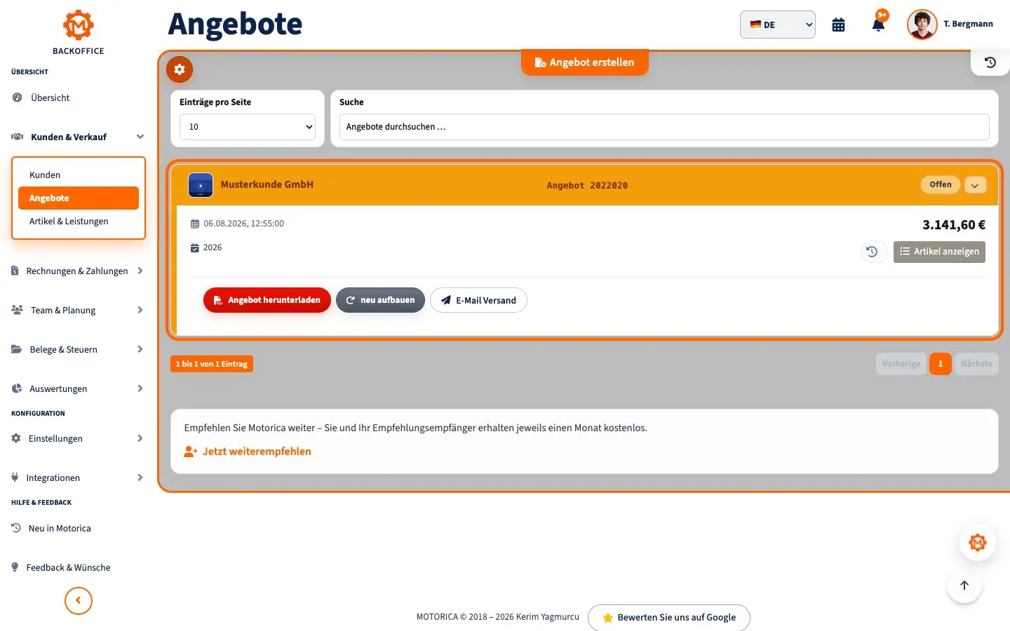 Motorica Backoffice: Angebotsübersicht mit einem Kundenangebot in deutscher Sprache