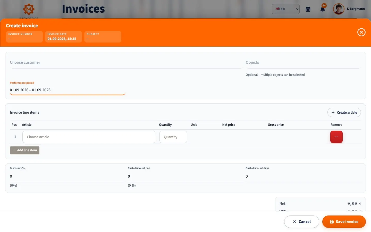Motorica.io Backoffice invoice form in English