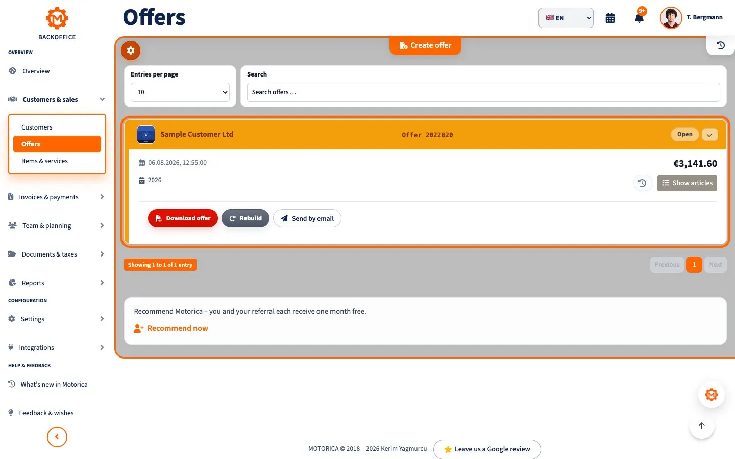 Motorica Backoffice quotes page in English, showing a sample customer quote