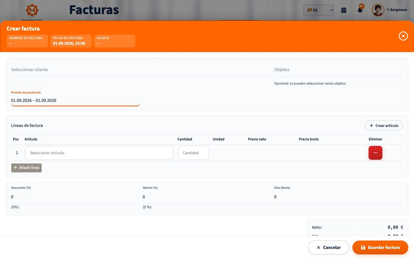 Formulario de factura de Motorica.io Backoffice en español
