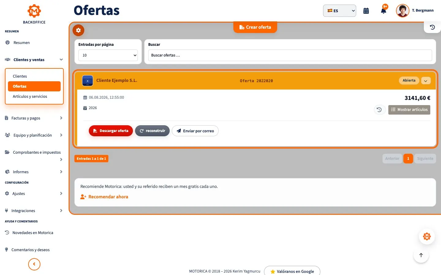 Página de presupuestos de Motorica Backoffice en español con un presupuesto para un cliente de ejemplo