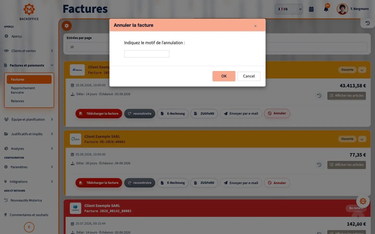 Motorica Backoffice avec la fenêtre d’annulation de facture ouverte