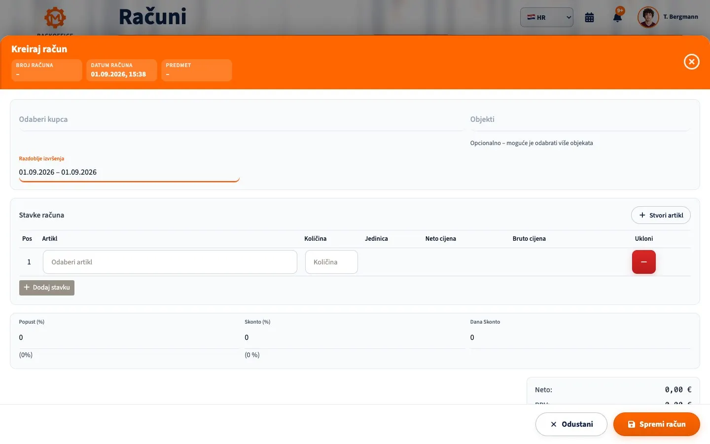 Obrazac računa u Motorica.io Backofficeu na hrvatskom
