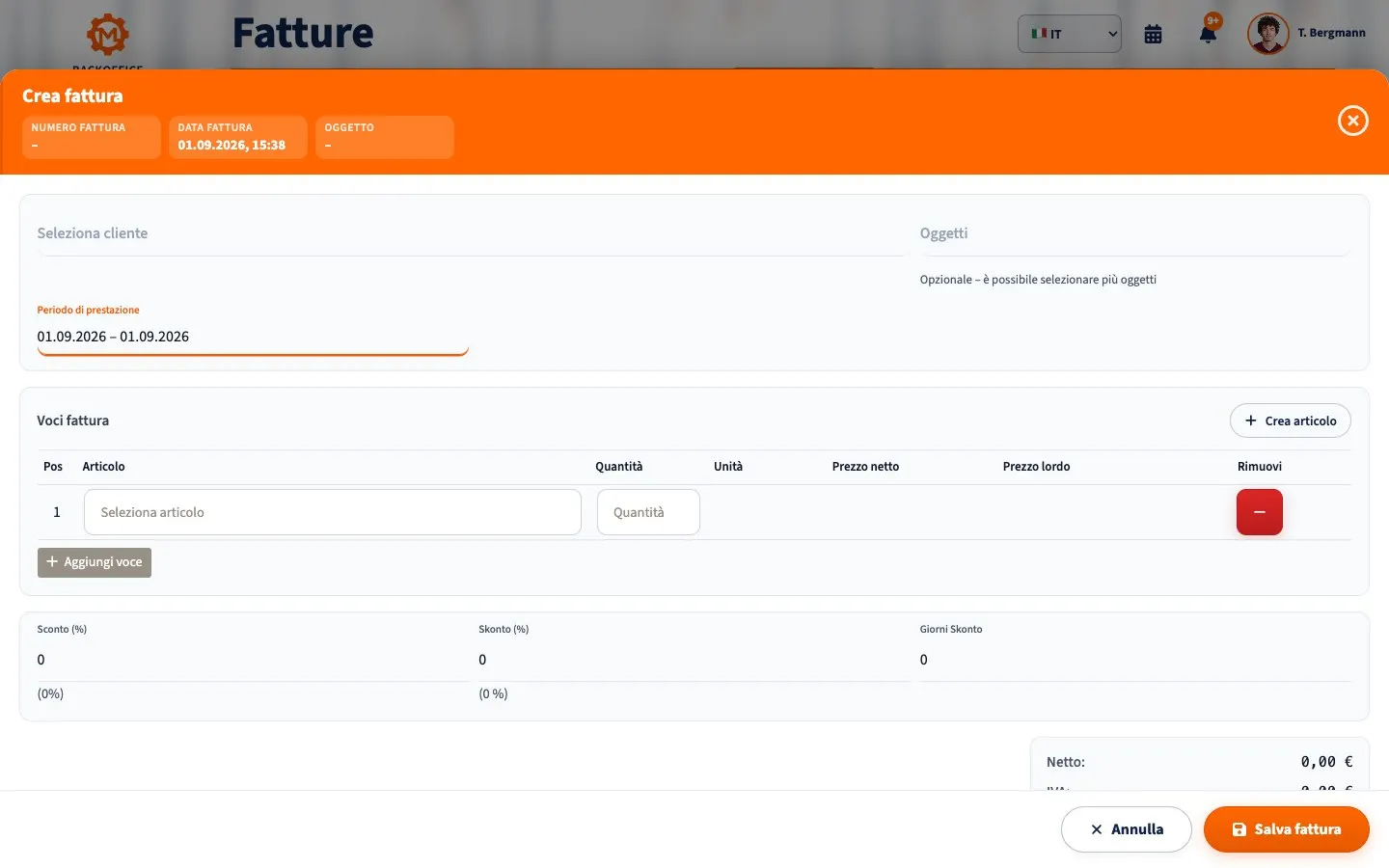 Modulo fattura di Motorica.io Backoffice in italiano