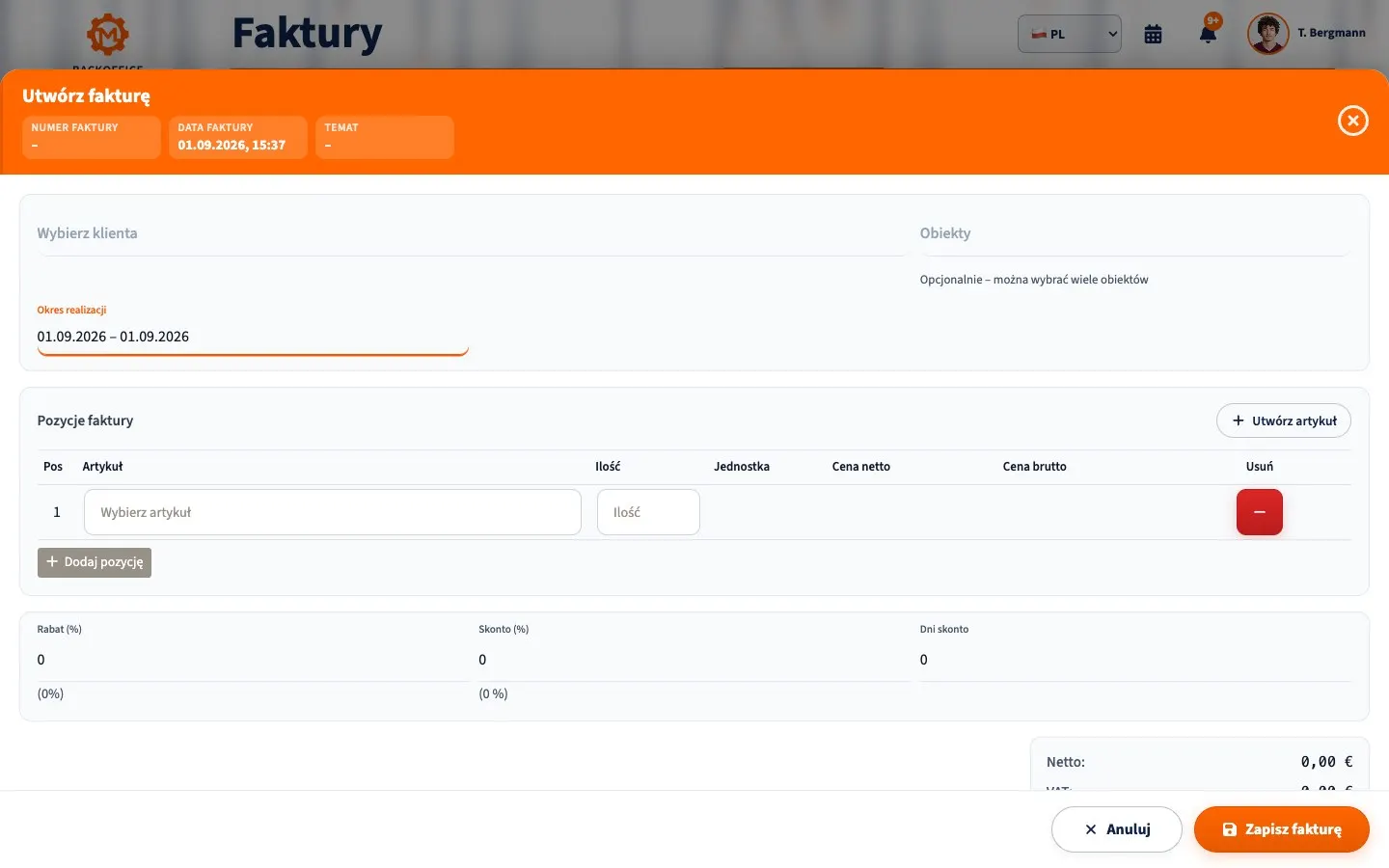 Polski widok formularza faktury w Motorica.io Backoffice