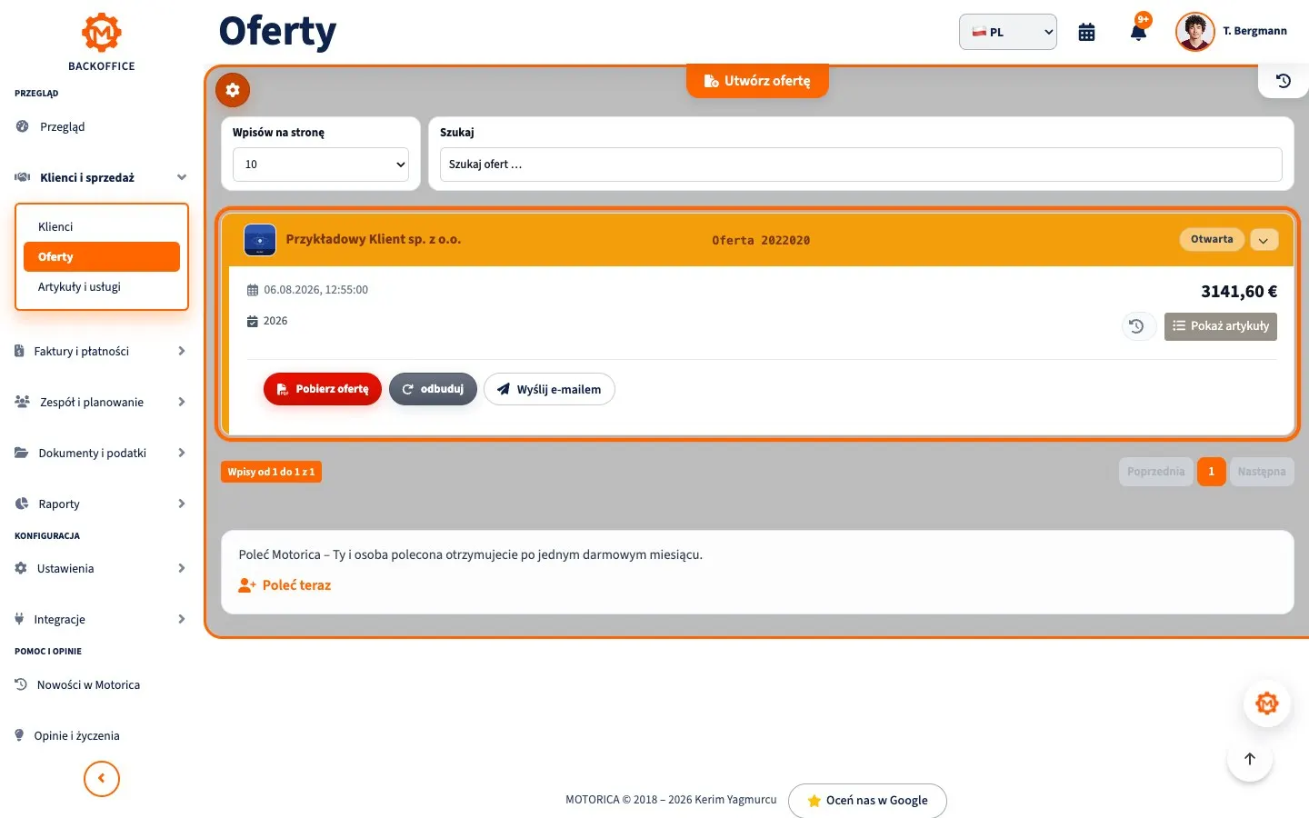 Strona ofert w Motorica Backoffice po polsku z przykładową ofertą dla klienta