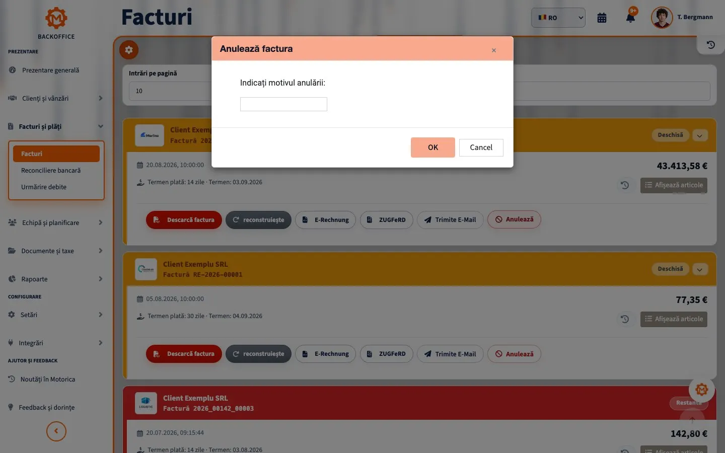 Motorica Backoffice cu fereastra de stornare a facturii deschisă