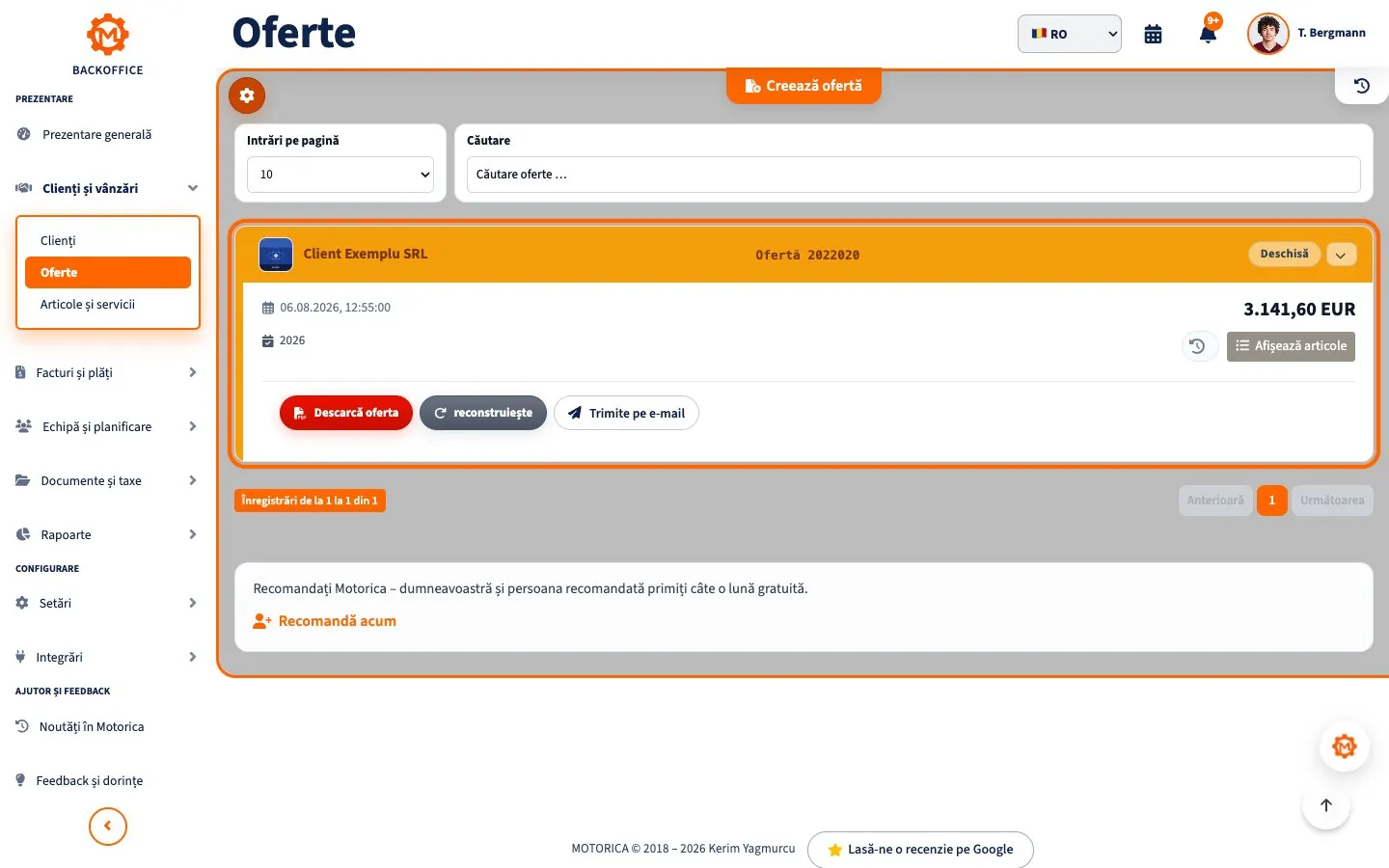 Pagina de oferte din Motorica Backoffice în română, cu o ofertă pentru un client demonstrativ
