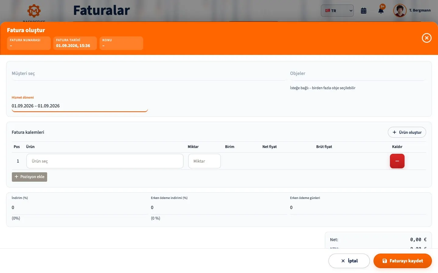 Motorica.io Backoffice fatura formunun Türkçe görünümü