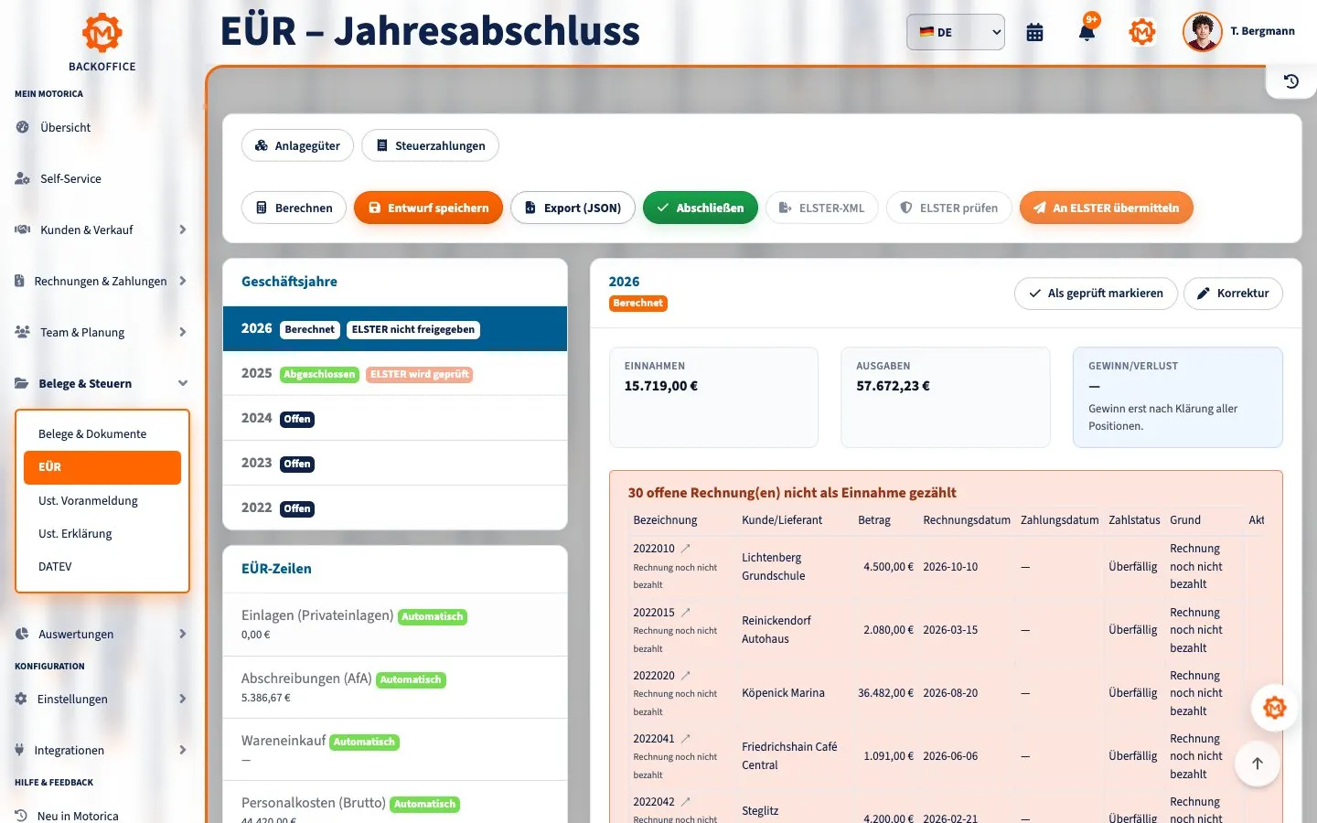 Gut gefüllte EÜR im Motorica-Backoffice für Thomas Bergmann