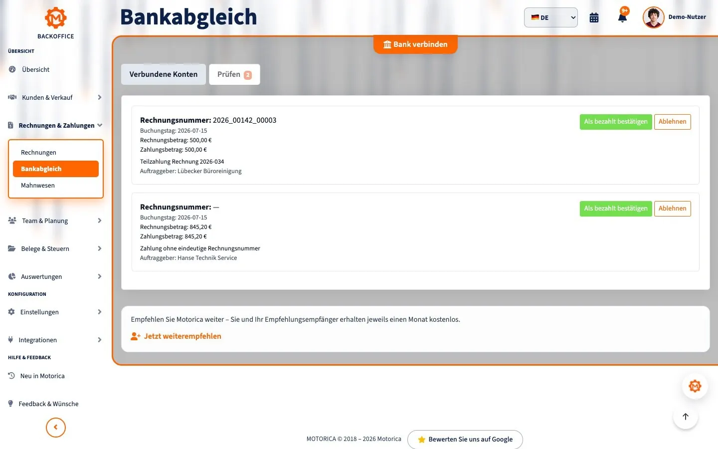 Motorica-Backoffice mit Prüfliste für den Bankabgleich und vollständig sichtbarem Seitentitel