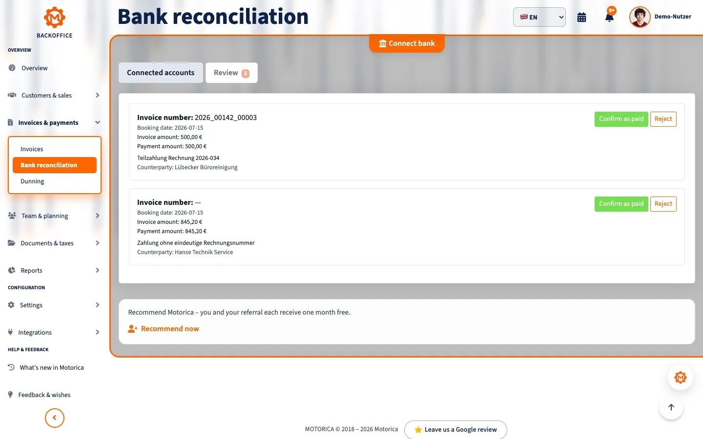 Motorica Backoffice bank transaction reconciliation review list with the full page title visible