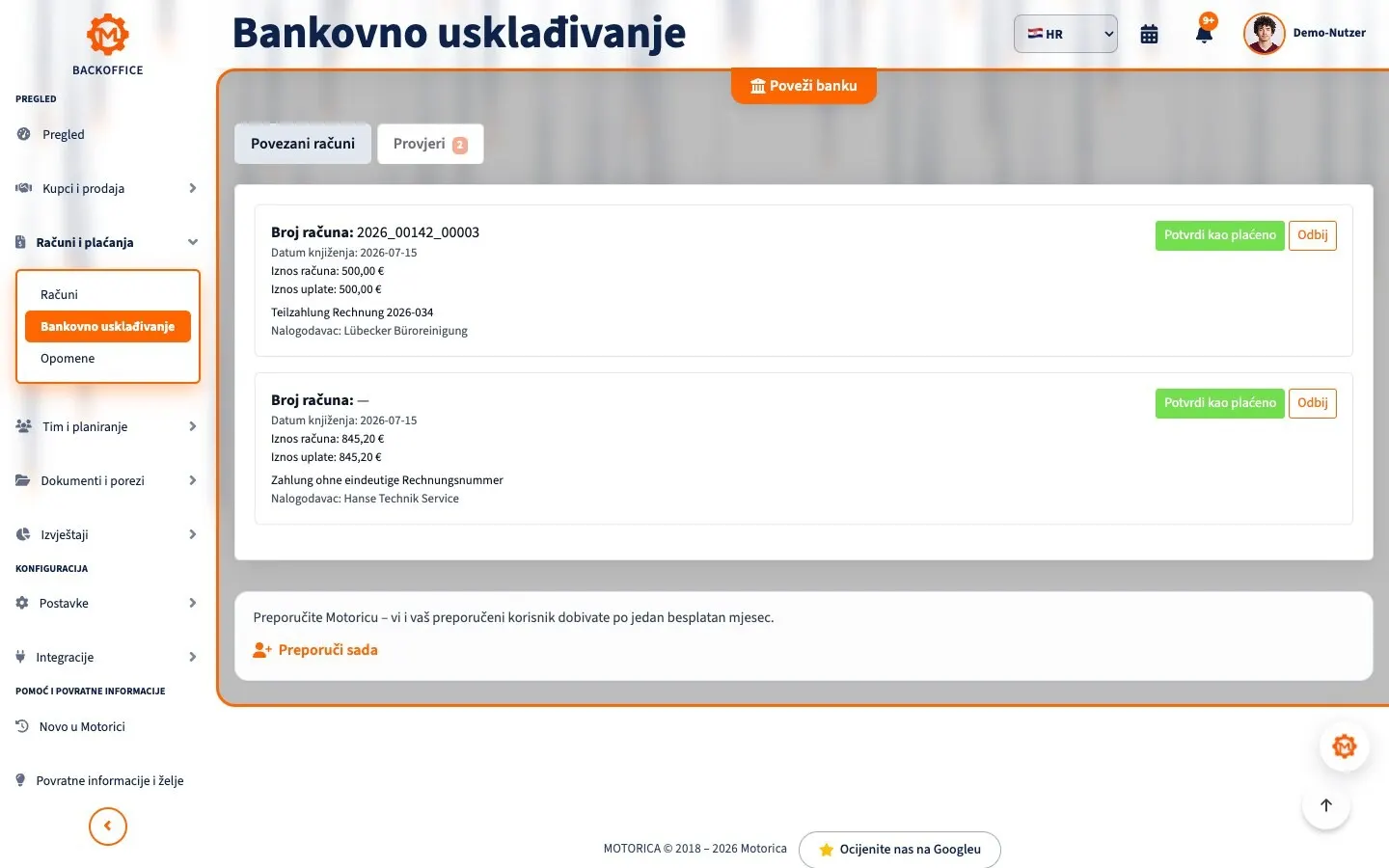 Popis za provjeru usklađivanja uplata u Motorica Backofficeu s potpuno vidljivim naslovom stranice