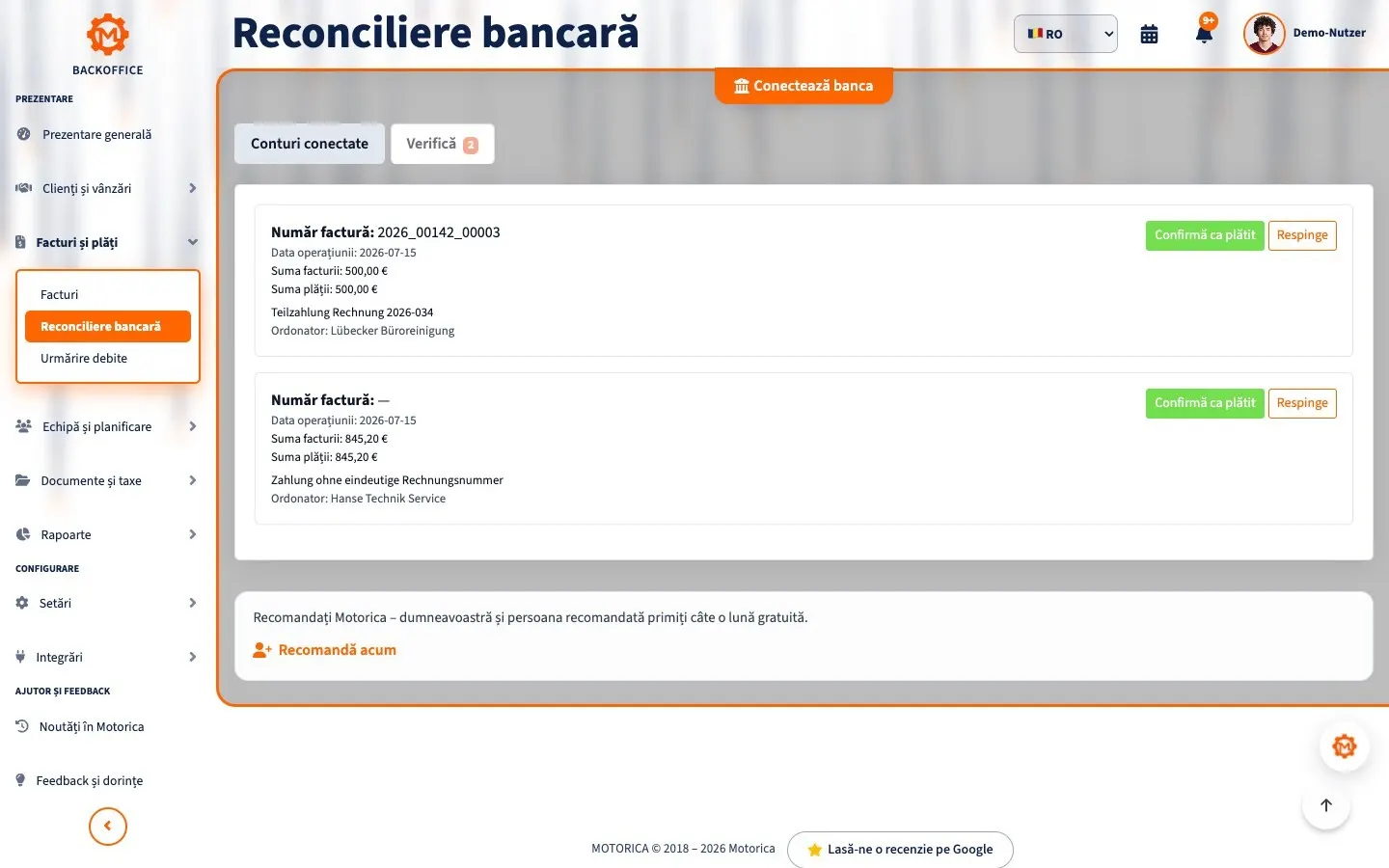 Lista de verificare pentru reconcilierea bancară în Motorica Backoffice cu titlul complet vizibil