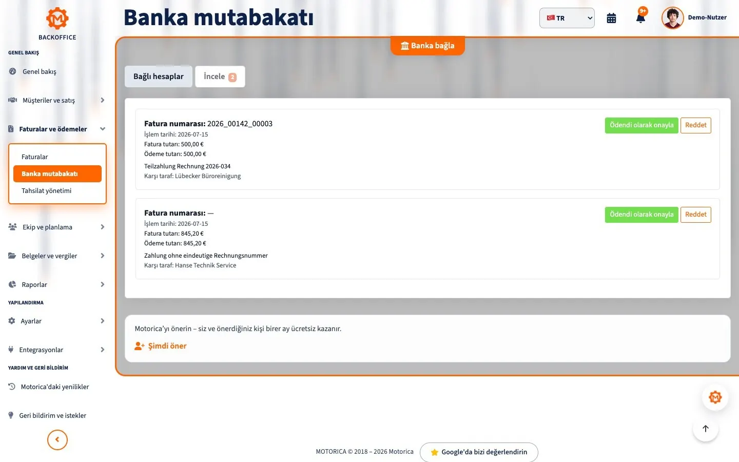 Motorica Backoffice banka mutabakatı inceleme listesi ve tamamen görünen sayfa başlığı