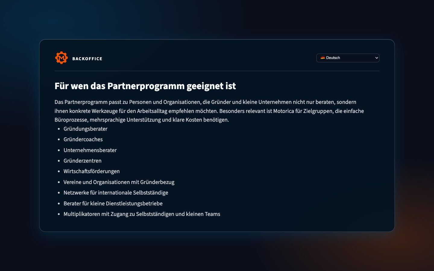 Zielgruppen des Motorica-Partnerprogramms in der Backoffice-Ansicht